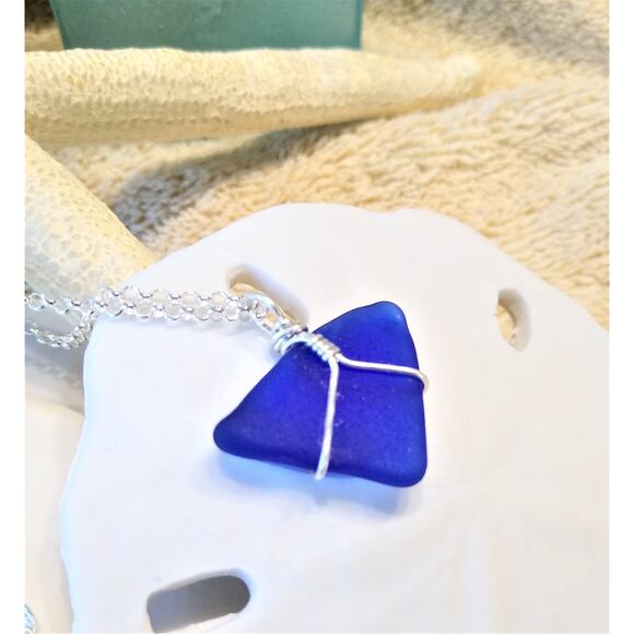 Seaglass Necklace Cobalt Blue Sea Glass Handmade Beach Sea Glass Sterling Silver - Picture 1 of 12